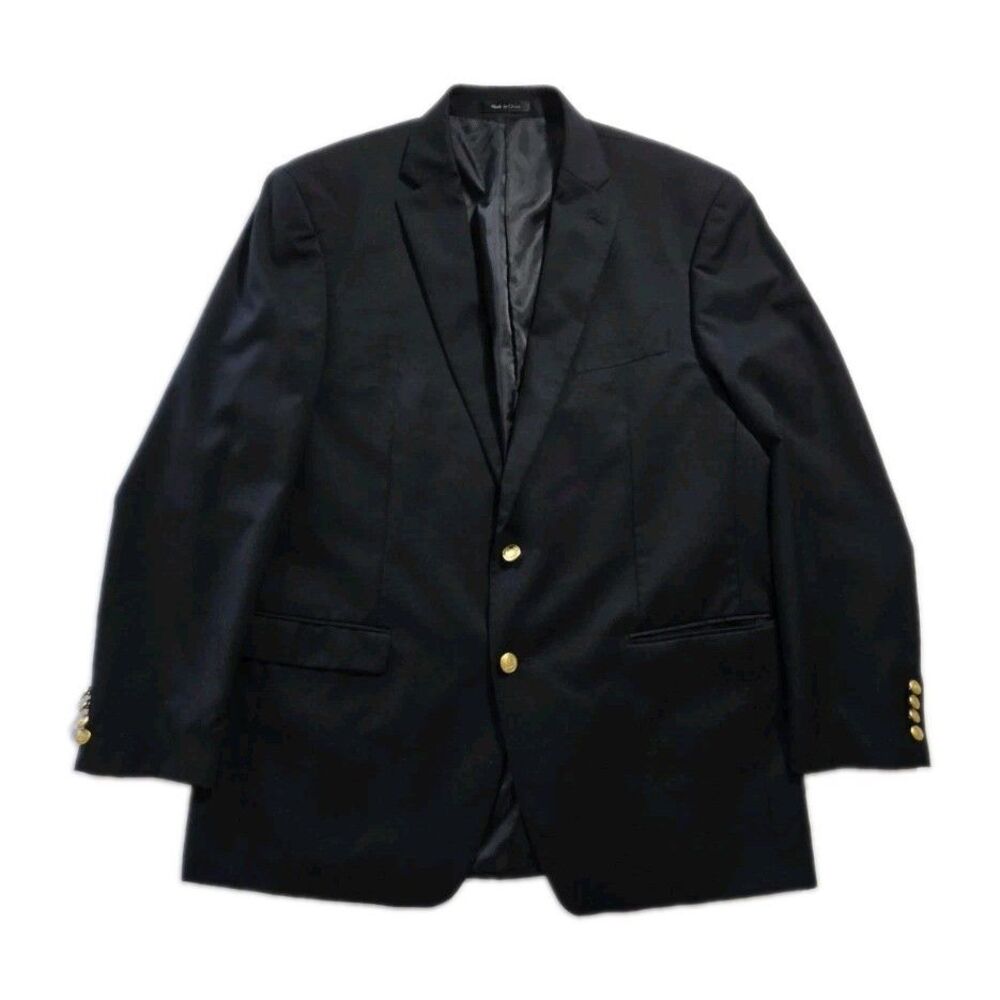 Chaps Mens Navy Blue Blazer 46L 70% Wool Blend 2 Button Gold Crest Sport Coat